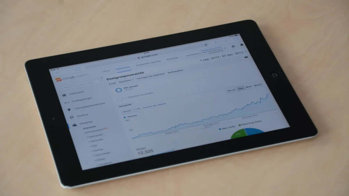 Tablette numérique posée sur une table en bois, affichant un tableau de bord avec des graphiques d'analyse pour gérer plusieurs entreprises à Albi.