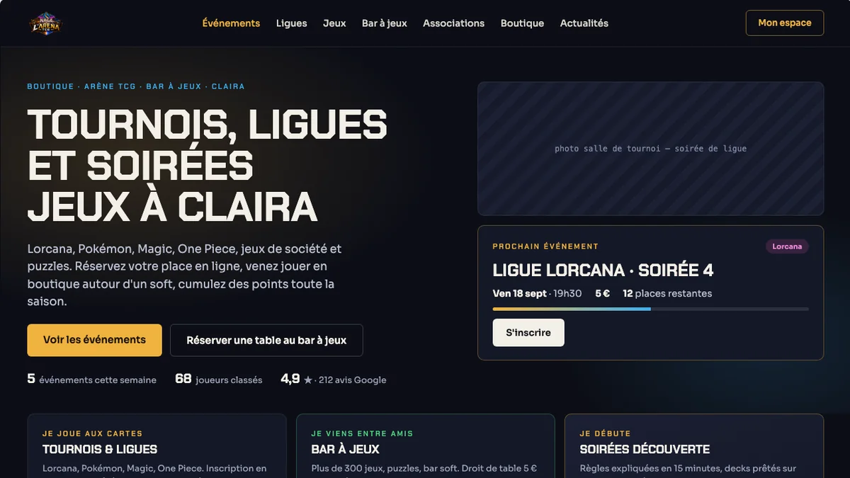 Capture du site L'Arena TCG, site web et application mobile en cours de réalisation par EPREYN, développeur à Perpignan