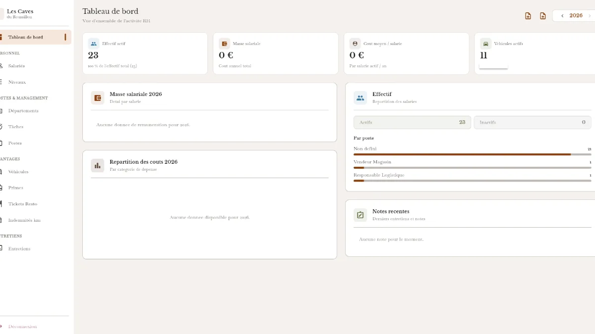 Capture de l'application Gestion RH – Les Caves du Roussillon, application web et mobile réalisée par EPREYN, développeur à Perpignan