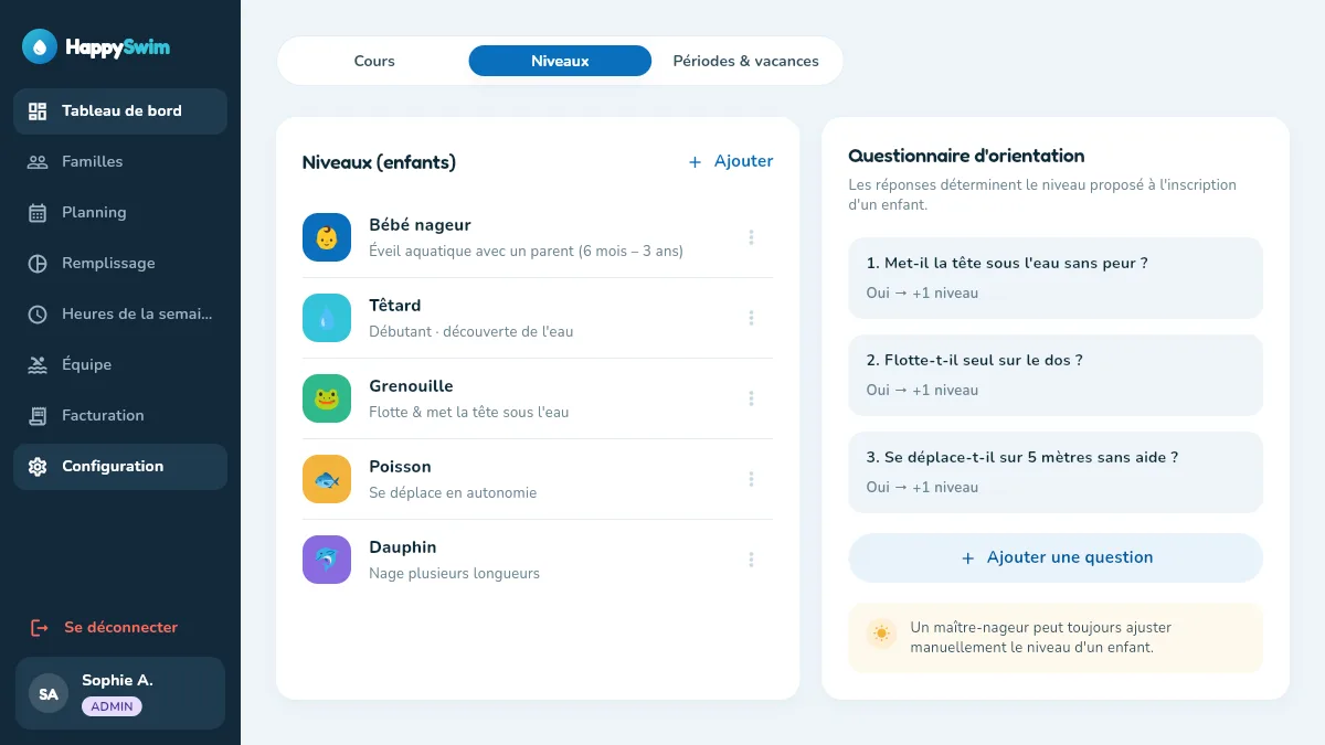 Capture de l'application Happy Swim, application web et mobile en cours de réalisation par EPREYN, développeur à Perpignan